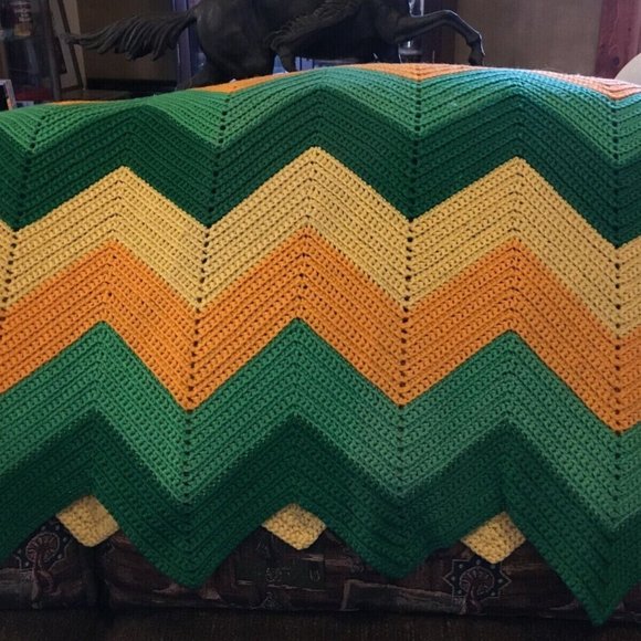 Vintage Afghan Crochet Blanket Throw Chevron Zig Zag Yellow Orange Green 80 x 46 - Picture 5 of 5